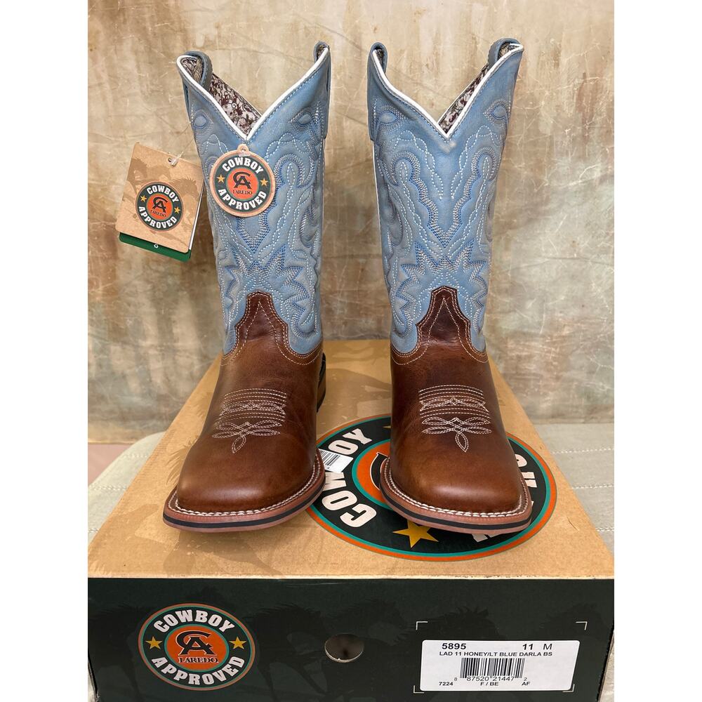 Laredo 5895 Darla Cowgirl Boot Honey Lt Blue Embroidered Leather Women's 11 M